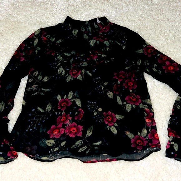 Tops | Arizona Blouse Size S Black Sheer Floral Designruffled Sleeves ...